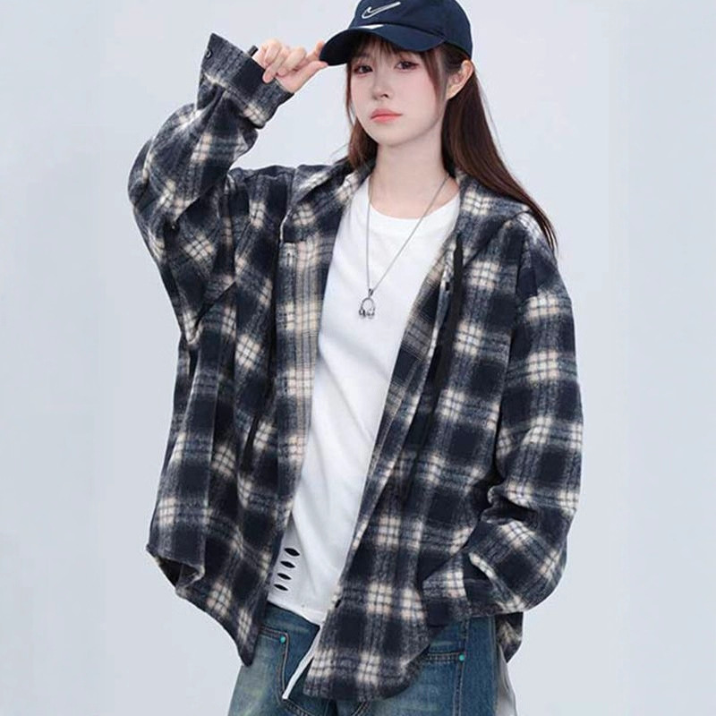 Hooded Plaid Shirt Sweatshirt Spring and Autum Neutral Style Trendy Shirt Women's Loose Drawstring Cardigan Jacket