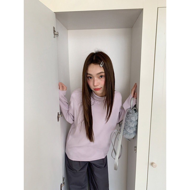 Half-High Collar Ruffled Long-Sleeve Base Shirt for Women, Autumn 2025 New Korean Style Niche T-Shirt Top
