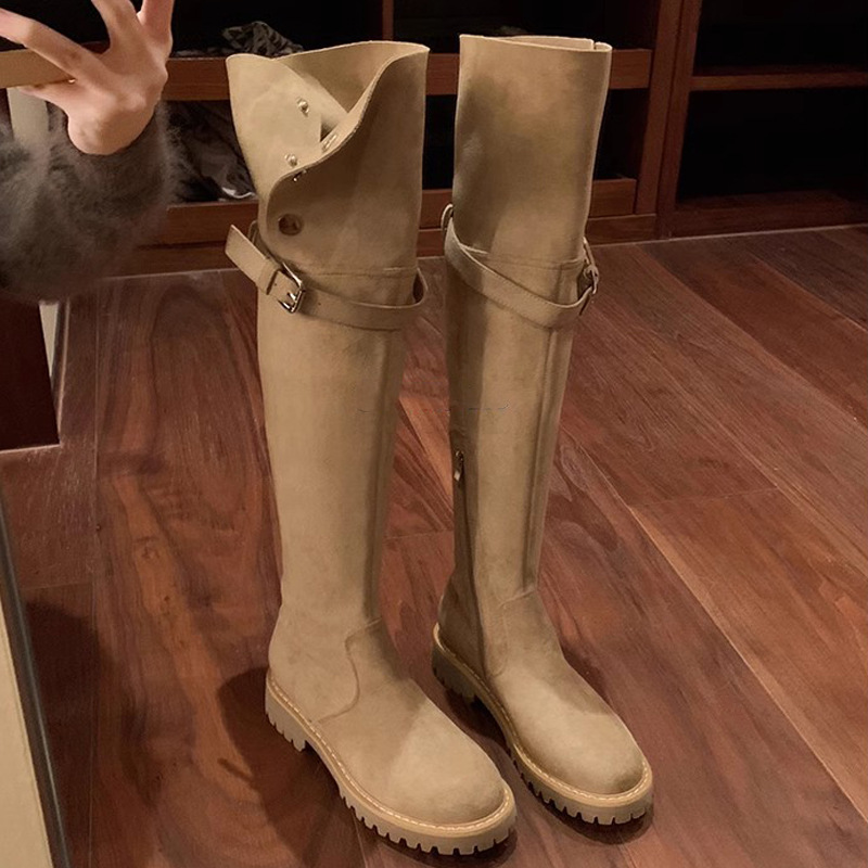 Mamá de uva Milan pictórica ~ botas cálidas de invierno botas sobre la rodilla punta redonda hebilla de cinturón a presión botas elásticas de tacón grueso botas largas