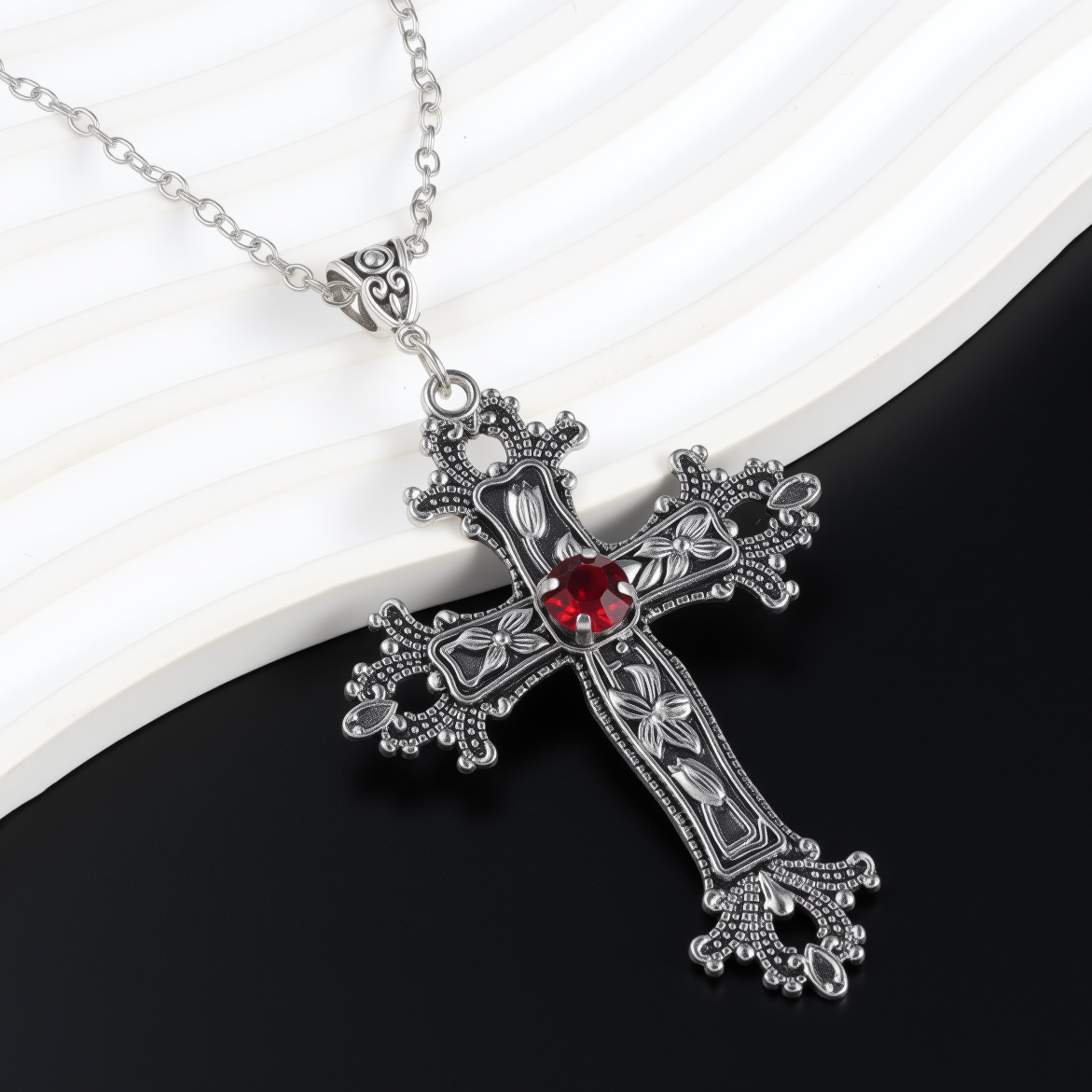 Pattern Cross Red Diamond Pendant Necklace