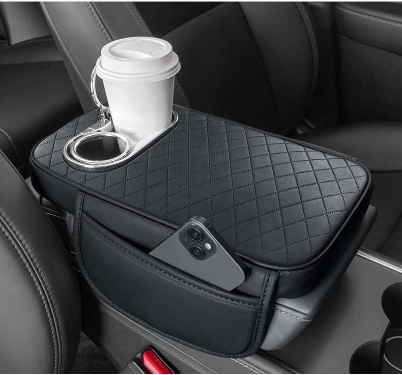 Car Armrest Box Booster Pad Central Armrest Box Cover Cushion Multifunctional Storage Bag Water Cup Holder Leather Protective Pad
