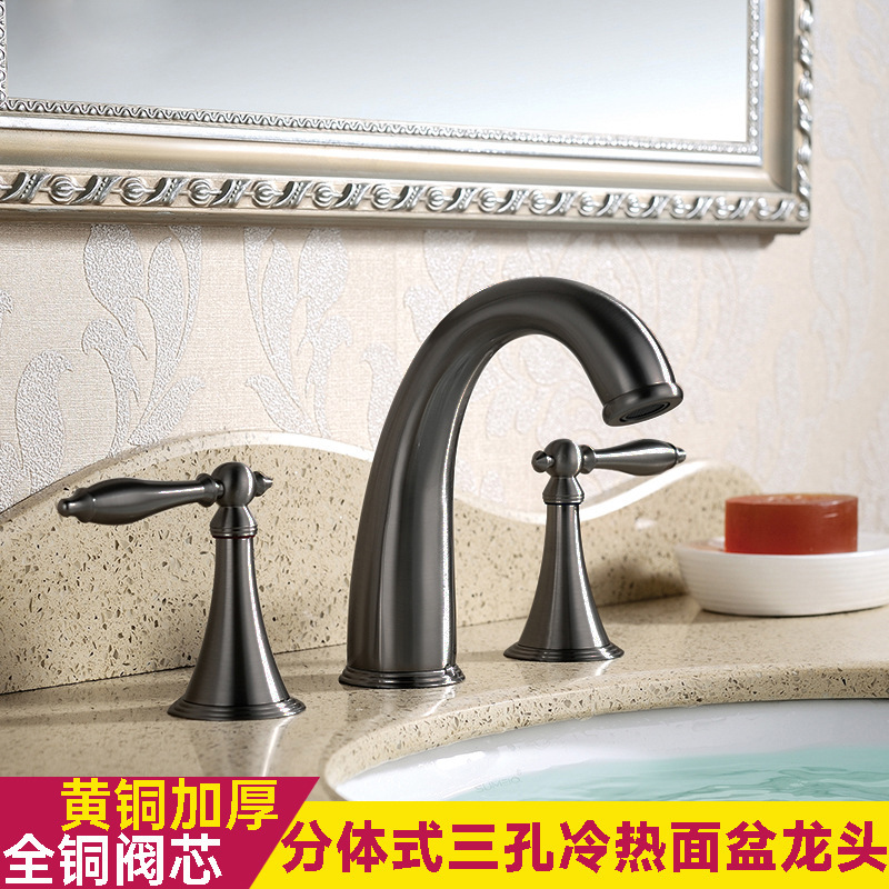 All copper three-hole basin hot and cold faucet split type hot and cold European style faucet washbasin three-piece water-plated ash