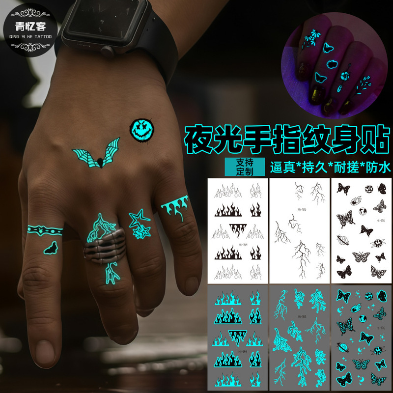 Cross-Border Supply Wholesale Blue Luminous Finger Temporary Tattoo Stickers Electronic Music Festival Butterfly Cat Small Tattoo Party