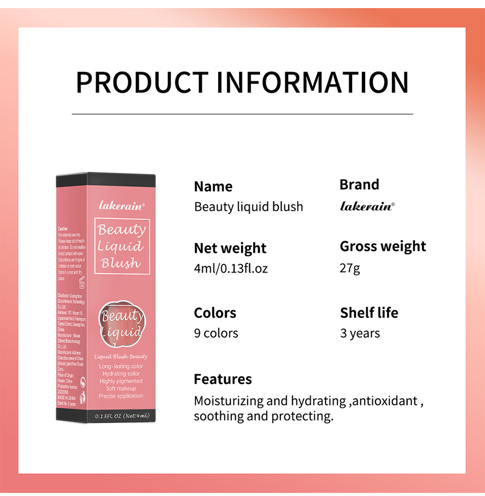 Lakerain Nine-color Liquid Blush is a natural, dazzling, long-lasting matte, smooth and delicate contour blush undefined