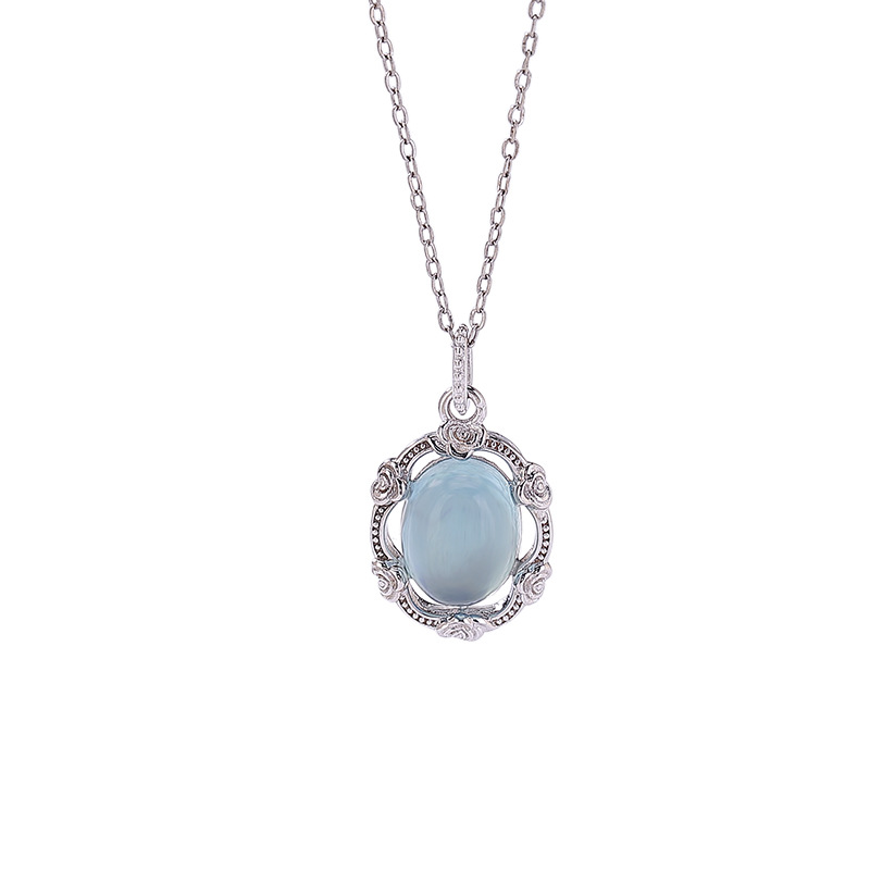 Mặt dây chuyền bạc S925 hình trứng đá Aquamarine phong cách thanh lịch, dây chuyền cổ trang sức bạc — Mặt dây chuyền đơn (không kèm dây)
