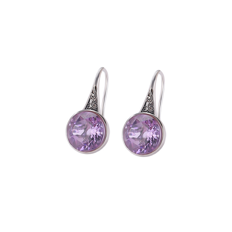 Bông tai bạc S925 đính đá thạch anh tím citrine họa tiết đường cỏ hình học phong cách retro — Mô hình Citrine