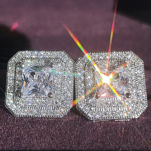 18k White Gold Fashion Square Stud Earrings with Diamond Herringbone Setting, Cross-Border Supply e668