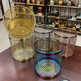 不锈钢垃圾桶酒店办公室圆形纸篓家用厨房彩色网格无盖镂空收纳筒