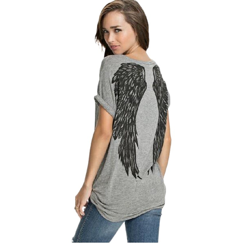 0074 AliExpress eBay espalda única alas de Ángel impreso gota hombro rollo manga suelta camiseta