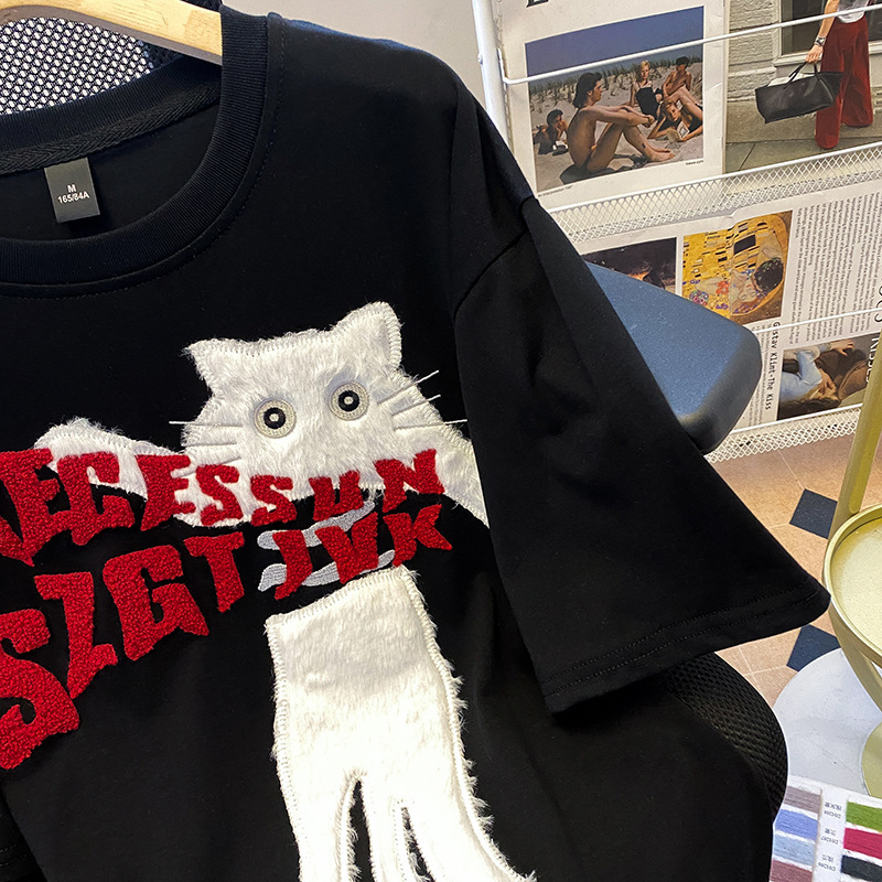 デザインニッチヘビーウェイトファッション刺繍半袖Tシャツ女性用2025新しい夏のルーズ半袖ショルダートップ|undefined