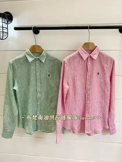 High-Quality Rl Laff Pony Logo Embroidered Stripesd Linen Lapel Shirt for Women Spring and Summer New Loose and Versatile Shirt