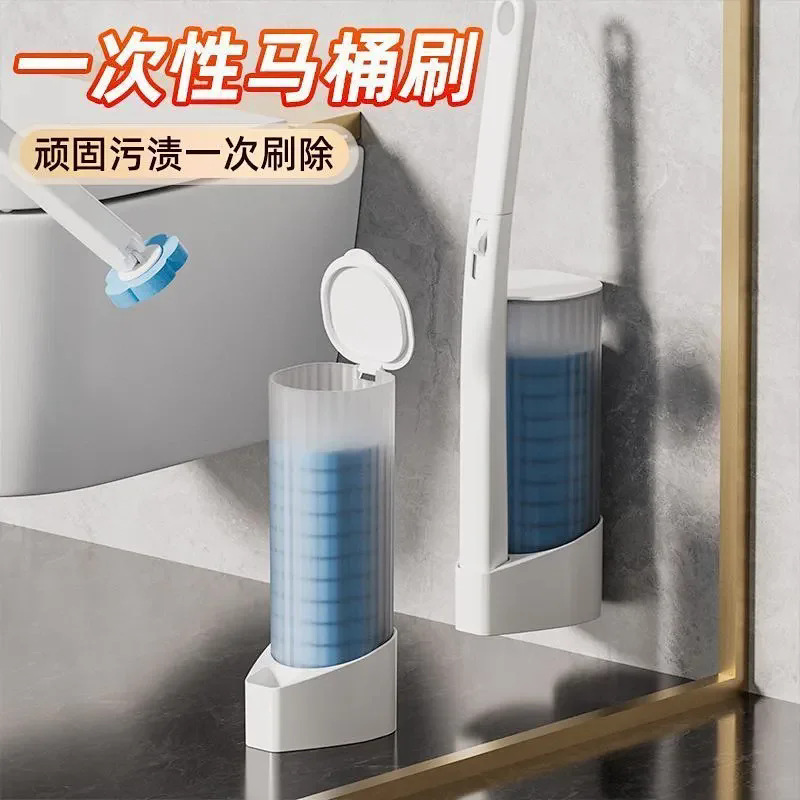 Disposable Replacement Cotton Pads Toilet Brush Cleaning Set with Deodorizing Toilet Cleaner and Built-In Cleaning Liquid