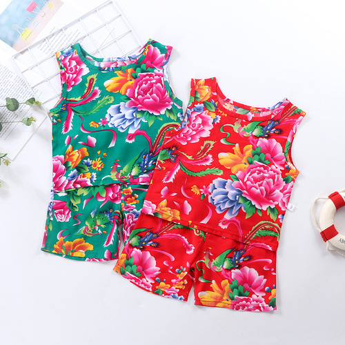 Children's set, unisex summer thin cotton voile floral halter shorts, baby tummy cute two-piece set