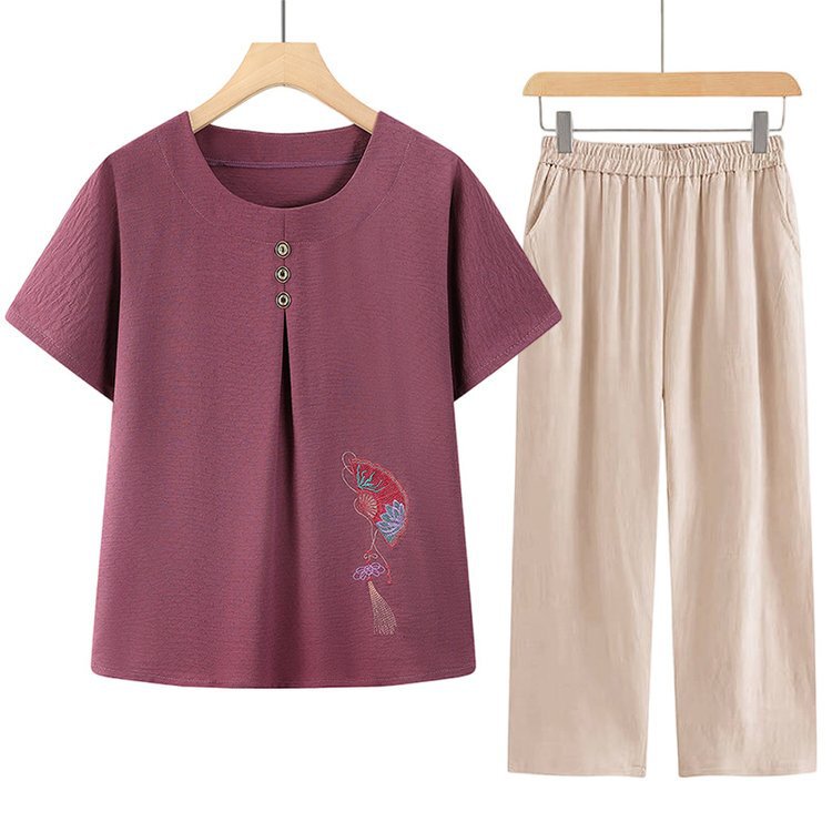 Grandma's Summer Outfit Set for Middle-Aged and Elderly Women, T-Shirt for 60-70 Year Old Ladies, Short-Sleeve Breathable Ice Silk Top for Mom