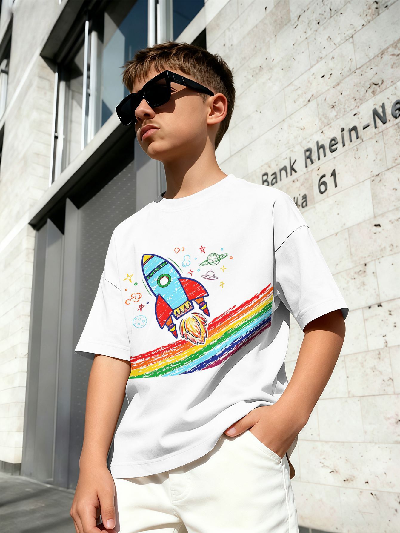 T-shirt för pojkar med 3d rymdraket tryck rund hals vit_voghion.com