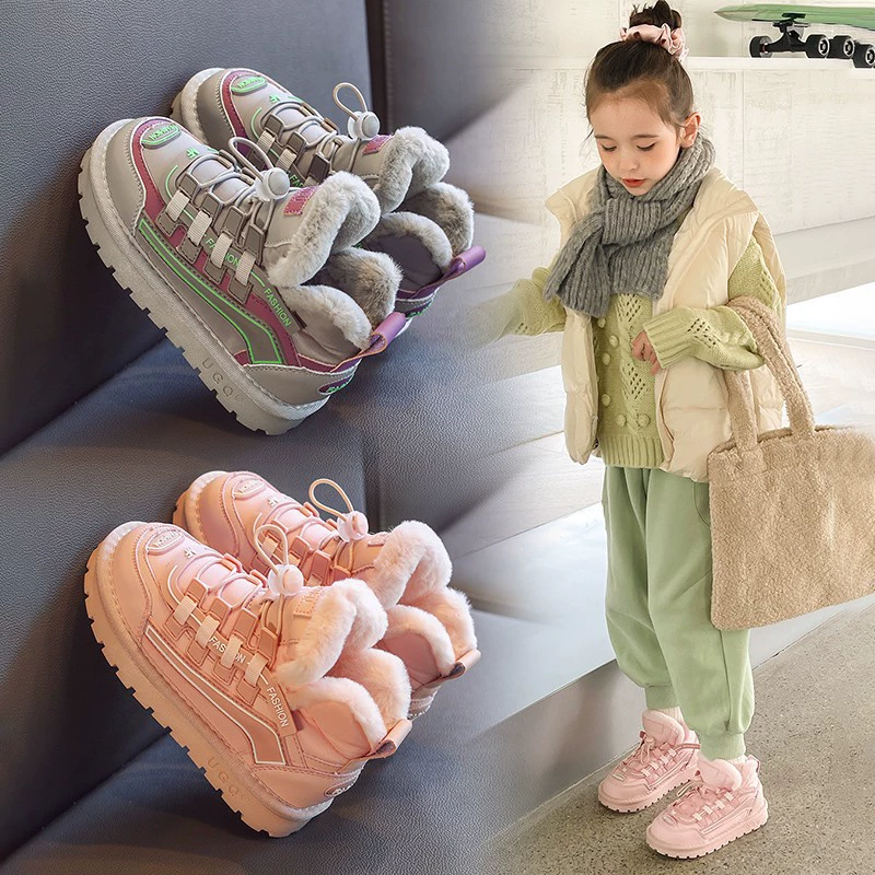 Снежные сапоги для девочек 2024 новые зимние плюшевые детские хлопчатобумажные туфли для девочек меха теплая зимняя обувь