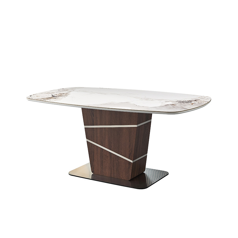 Mesa de comedor de tabla de roca, mesa de negociación de lujo, mesa de base de acero inoxidable, mesa de comedor de mármol