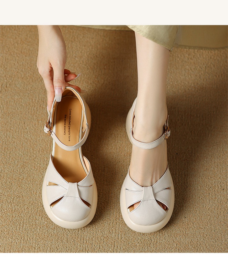 Sandal cao gót nữ quai ngang da cừu mũi nhọn đế dày — Màu be chi tiết 10