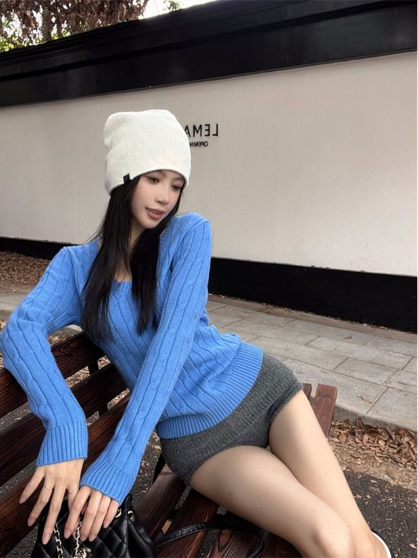 美式辣妹蓝色麻花V领毛衣女秋冬2025新款内搭针织打底衫修身上衣|undefined
