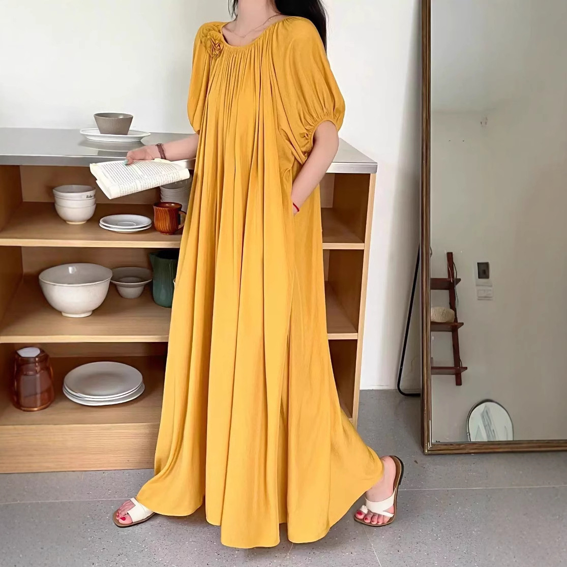 Ropa de mujer de talla grande transfronteriza europea y americana, vestido informal de algodón largo hasta la rodilla, holgado y cómodo, para verano, ropa de maternidad.