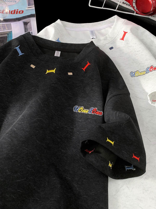 サンドウォッシュ刺繍ヘビーウェイト半袖Tシャツメンズトレンディブランドクリエイティブデザイン半袖ルーズカジュアルコントラストカラー高級Tシャツ|undefined
