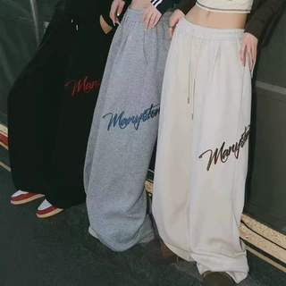 潮牌垂感街头运动卫裤男女春秋季字母刺绣直筒宽松百搭休闲长裤子
