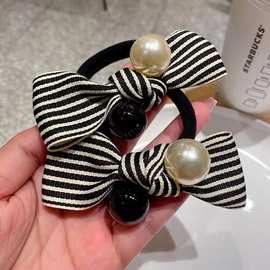 韩版直播网红小香风珍珠条纹蝴蝶结黑白拼色毛巾圈发圈质感发绳