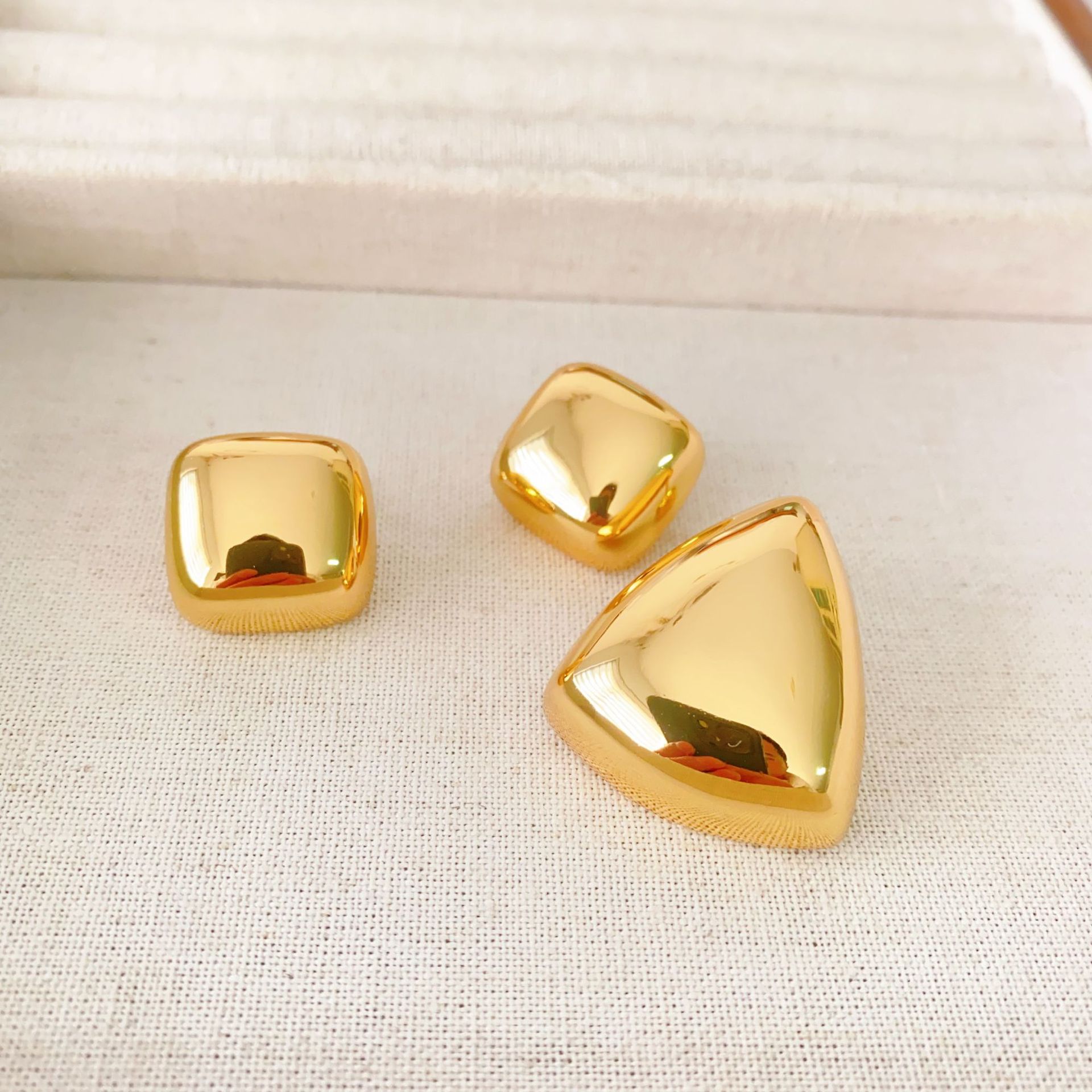 重工設計幾何型銅鍍真金光面三角形方形耳釘925銀針小眾輕奢耳環