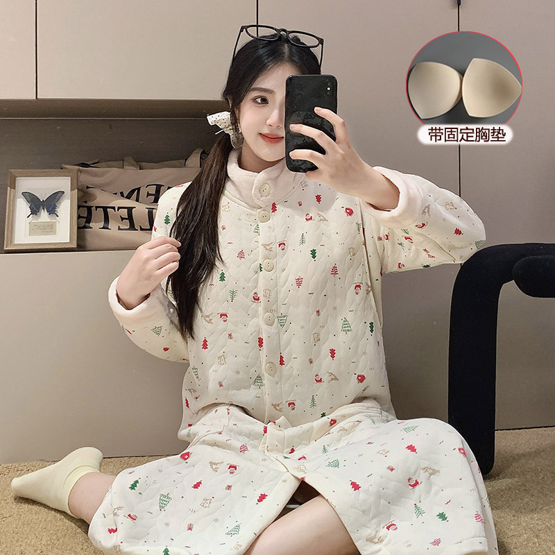Xiyue 2025 Air Cotton Nursing Nightgown with Breast Pads, Winter Maternity Loose Warm Long Dress for Pregnant Women Xiyue 2025 Air Cotton Nursing Nightgown with Breast Pads, Winter Maternity Loose Warm Long Dress for Pregnant Women