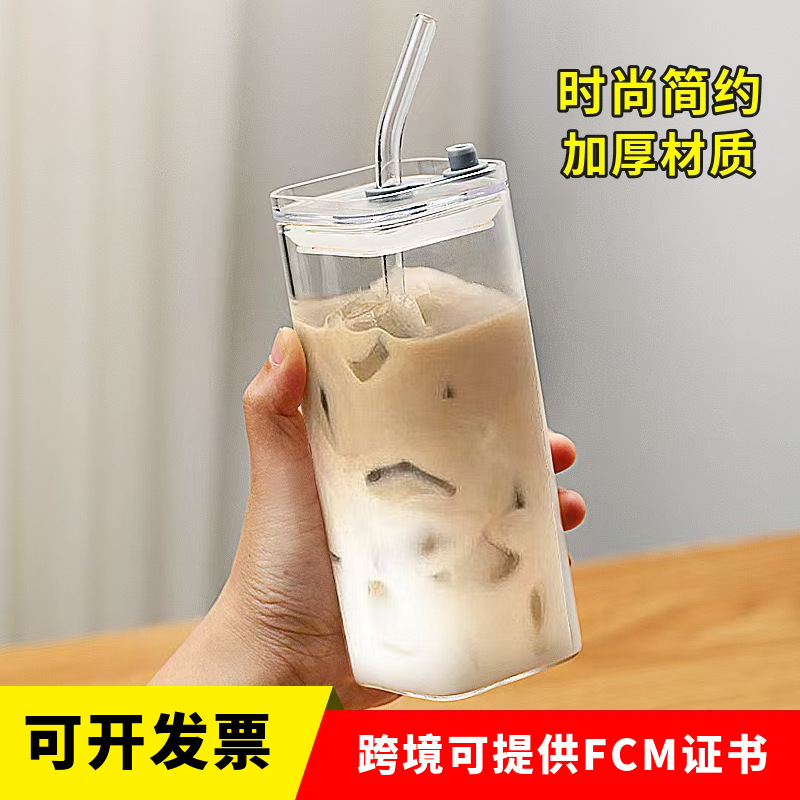 Taza de agua de vidrio para mujer, taza de café casera con calefacción de fondo plano simple transparente de alto valor con tapa