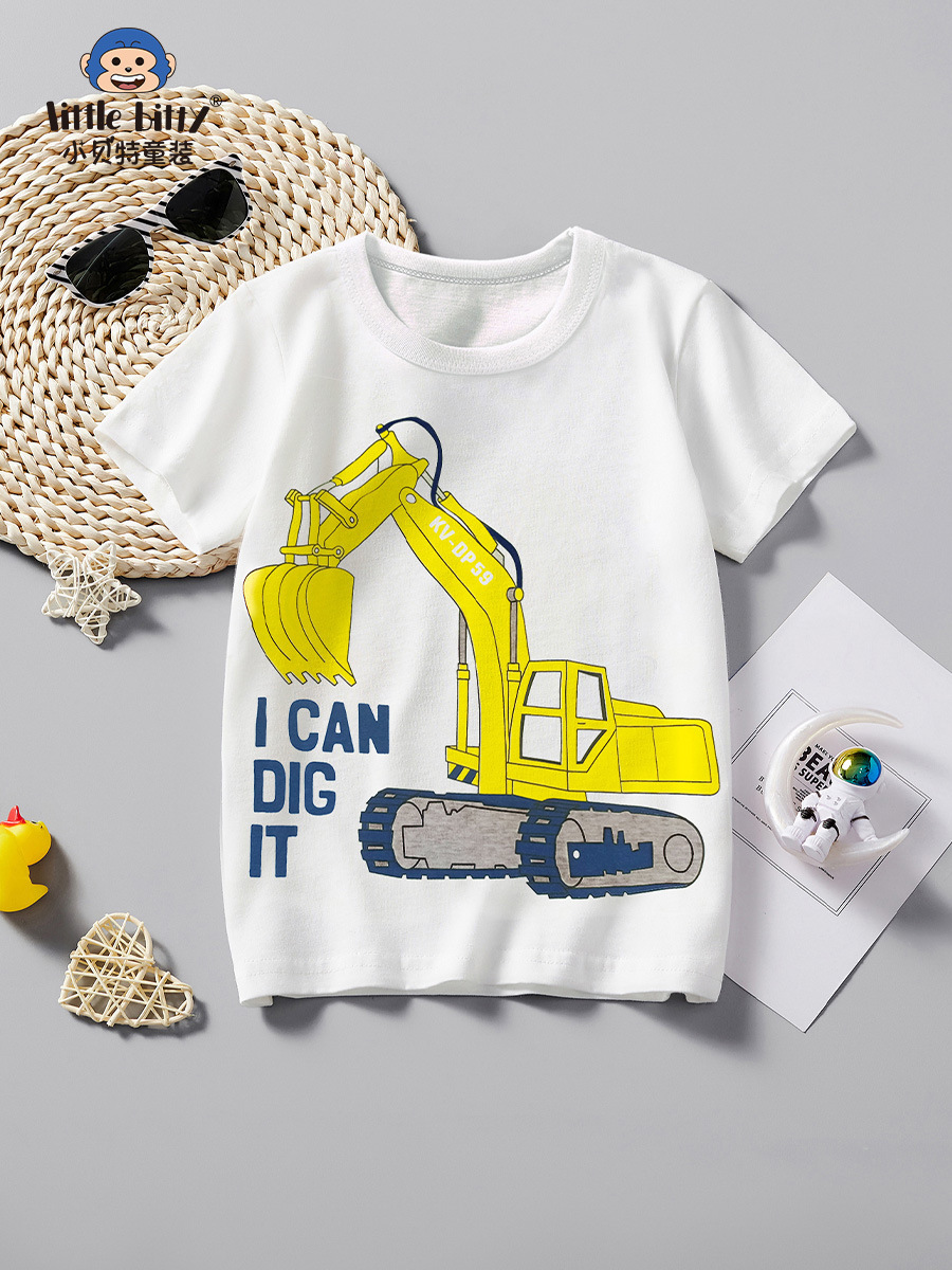 Summer 2025 Boys Short Sleeve T-Shirt White Crewneck Top Trendy Excavator Pattern Half Sleeve Factory Hair
