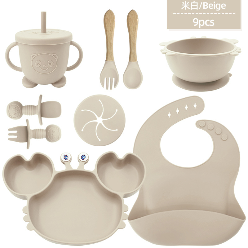 cubiertos de silicona para niños, platos de alimentación para bebés, cucharas de cangrejo, cuchillas de tenedor, bacon de nueve piezas, cubiertos de dibujos animados para bebés