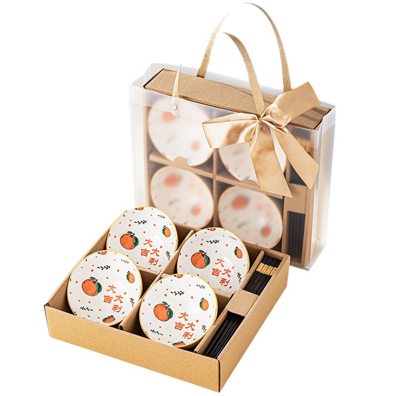 大吉大利食器セット 陶磁器食器セット ボウルギフトボックス 小さな贈り物 お土産ギフト 持ち紐付き シンプルな贈り物|undefined