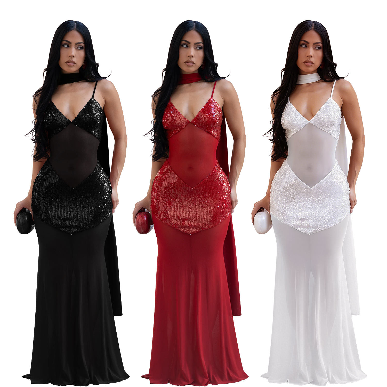 C7647 cross-border AliExpress Amazon Europa y América moda de mujer sexy tela de malla collar v vestido de cuentas