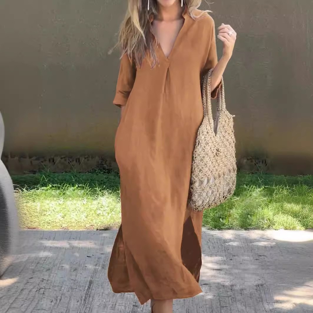 Rochie de vară pentru femei, 2024, cu buzunare laterale, decolteu în V, mânecă de 18 cm, model crimson, cu imprimeu floral_voghion.com