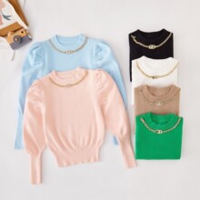 女童新品毛衣套头衫欧美外贸跨境时尚打底衫女宝宝纯色泡泡袖上衣