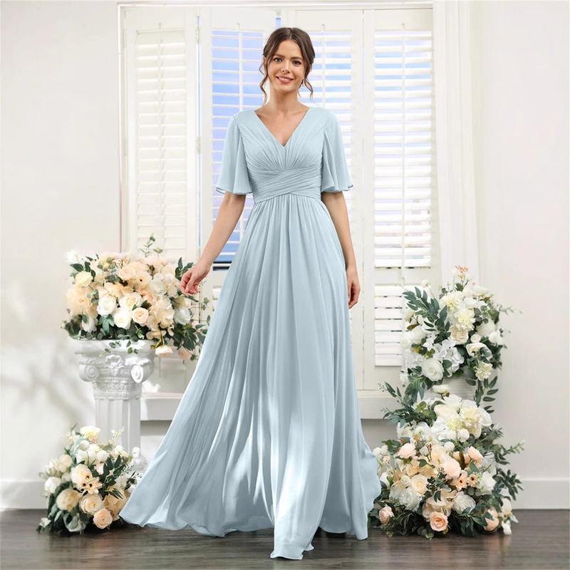 Aliexpress Cross-Border V Neck Short-Sleeved Evening Dress Long Wedding Prom Party Dress That Can Be Worn Daily with a High-End Feel