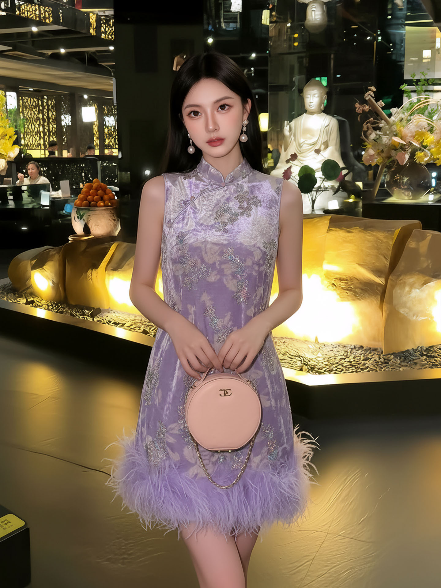 Đầm maxi nữ thắt eo phong cách cổ điển sang trọng kết hợp lông đà điểu và đính sequin thêu — màu tím