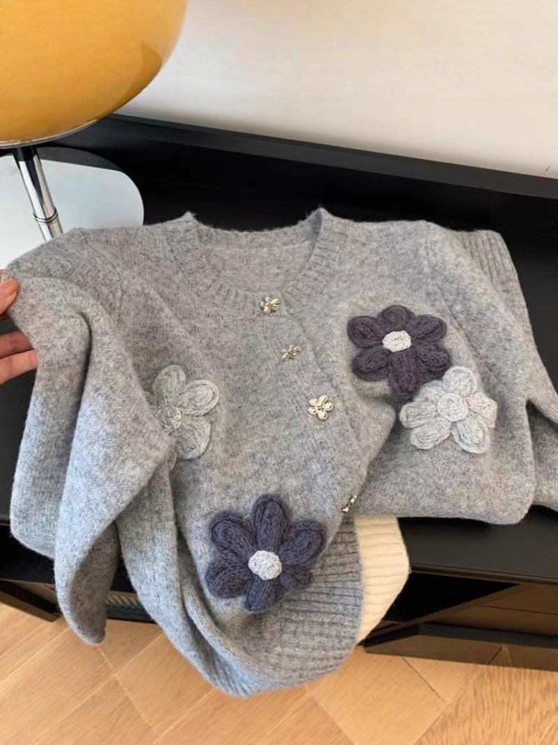 Áo khoác cardigan len dệt kim mềm mại màu xám nữ thiết kế độc đáo — xám