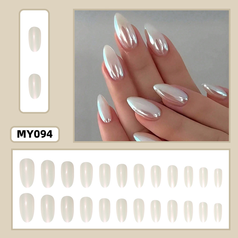 Iridescent Pearl White Press-On Nails Almond-Shaped Fake Nails Medium-Length Nail Patches Pure Desire Style Detachable