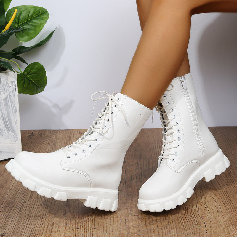 Boots 2025 New Lace-Up Thick Heel Short Boots White Export Boots Women's Motorcycle Large Size Women's Low Round Toe Heel Autumn and Winter Boots 2025 New Lace-Up Thick Heel Short Boots White Export Boots Women's Motorcycle Large Size Women's Low Round Toe Heel Autumn and Winter