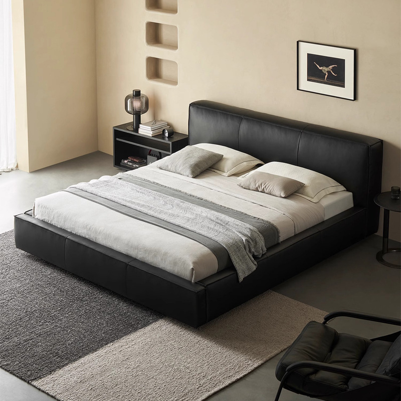 Toast cama de cuero completo negro italiano minimalista dormitorio principal de alta gama elegante cama de cuero real doble 1,8 m bolsa suave cama de boda
