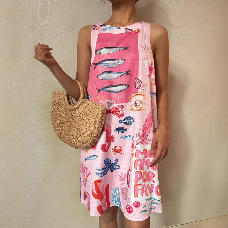 Bohemian Beachwear Spring and Summer Fashion Vacation Casual Tropical Sardine Print Dress