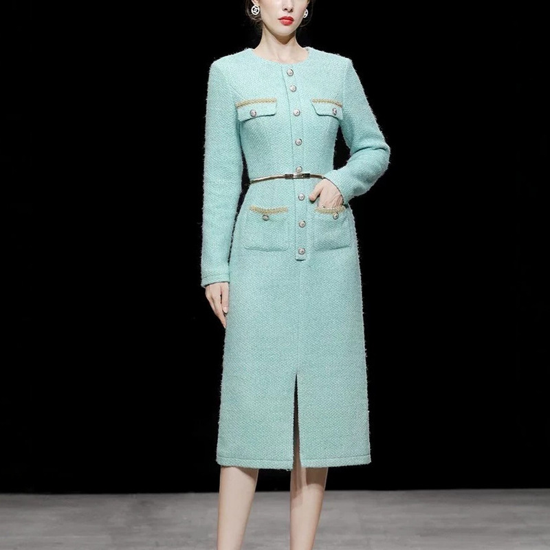 Autumn and Winter Women's New Elegant Lake Blue Slim-fit Tight Waist Slimming Tweed dress Long Dress Autumn and Winter Women's New Elegant Lake Blue Slim-fit Tight Waist Slimming Tweed dress Long Dress