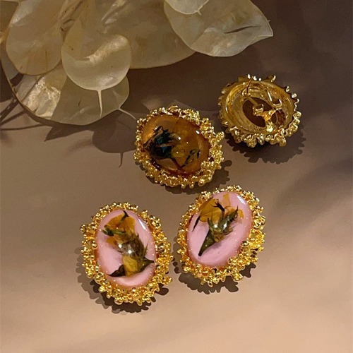 Exquisite Design Colorful Dry Flower Amber Earrings French Vintage 18K Gold Plated High-end Personal Ear Accessories