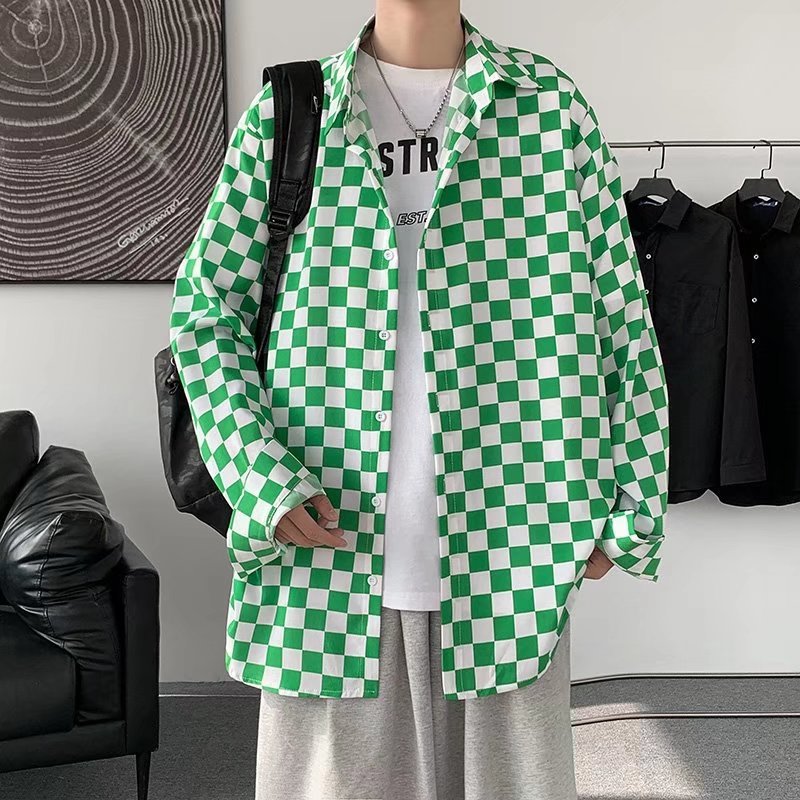 Men's summer ice silk thin fashion brand ins personality Hong Kong style chessboard plaid coat Ruan handsome long sleeve shirt plaid shirt