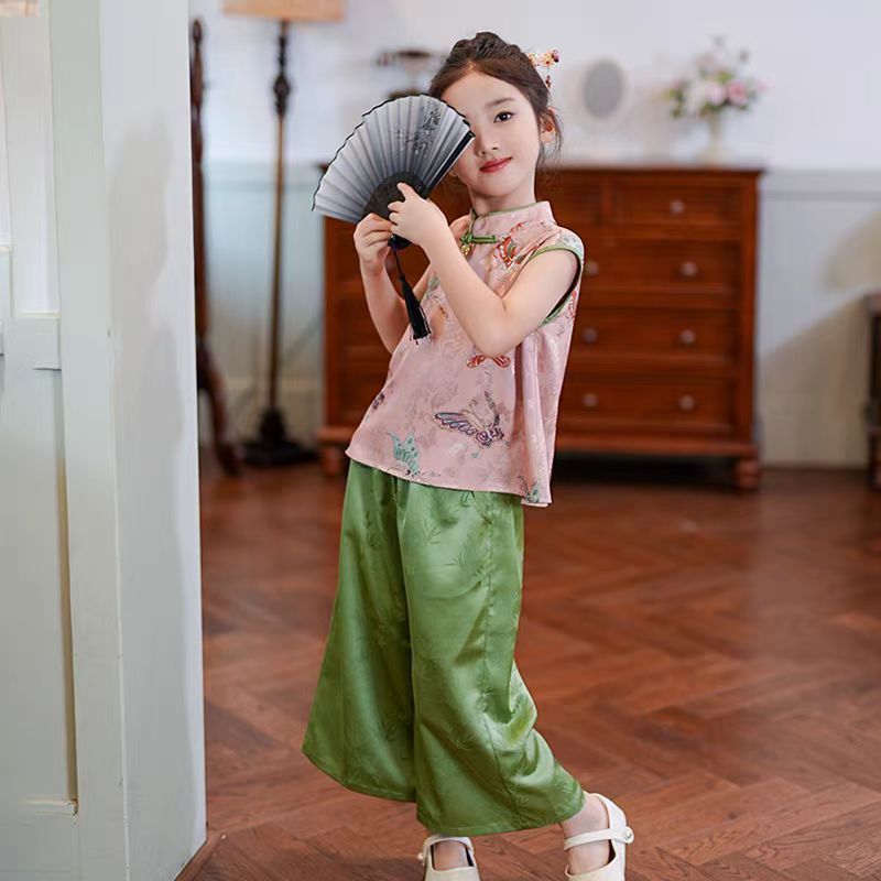 新中式女童夏季短袖套装2025新款汉服中国风马甲旗袍两件套公主装|undefined