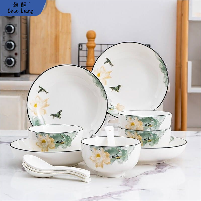 Fenghe Tianxia Bowl and Plate Set Household Dish Plate Rice Bowl Combination Pack Casual Personalized Lotus Rock Wooden Steamed Egg Free Shipping