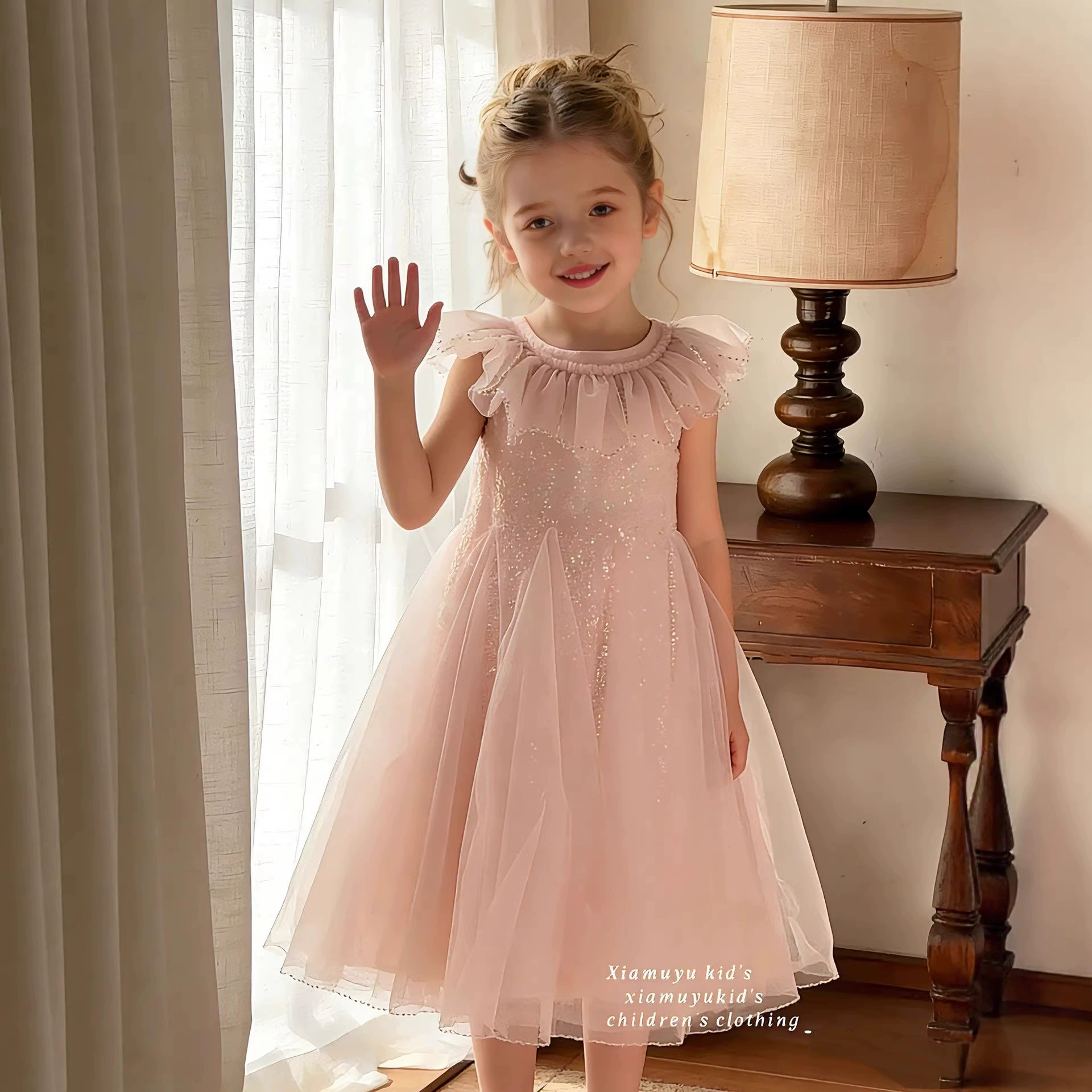 2026夏款轻奢女童礼服亮片小飞袖公主裙儿童生日宴钢琴演出服
