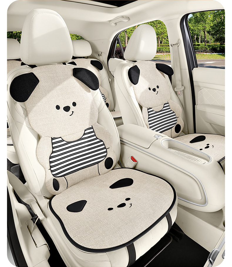 Car Seat Cushion, Universal for All Seasons, Linen Cartoon Couple Seat Cushion Cover, Half-Pack Rear Seat, High-End Cute Ladies Seat Cover